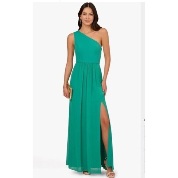 Adrianna Papell Women's Size 16 Green Chiffon One Shoulder Formal Gown Dress New - Picture 3 of 10